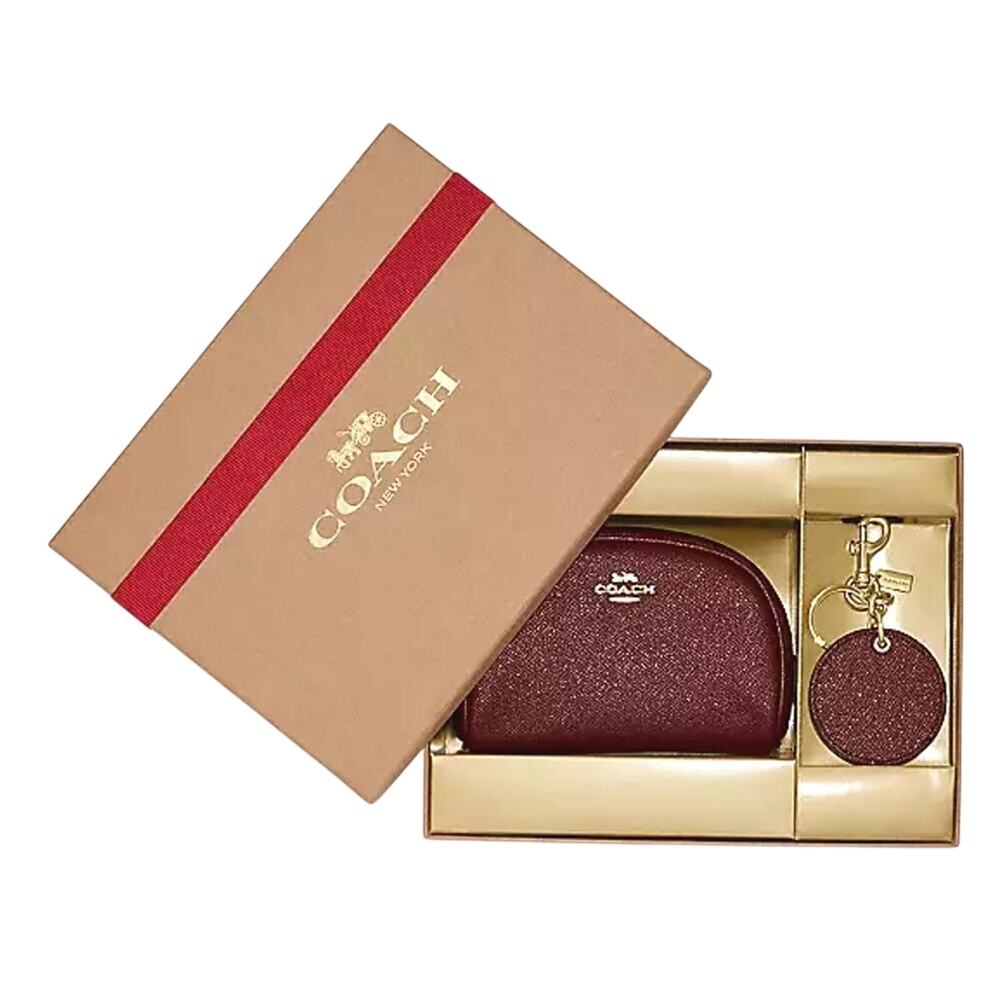 COACH GIFT BOXED DOME COSMETIC CASE & MIRROR BAG CHARM SET IN GOLD BLACK CHERRY - Picture 1 of 3